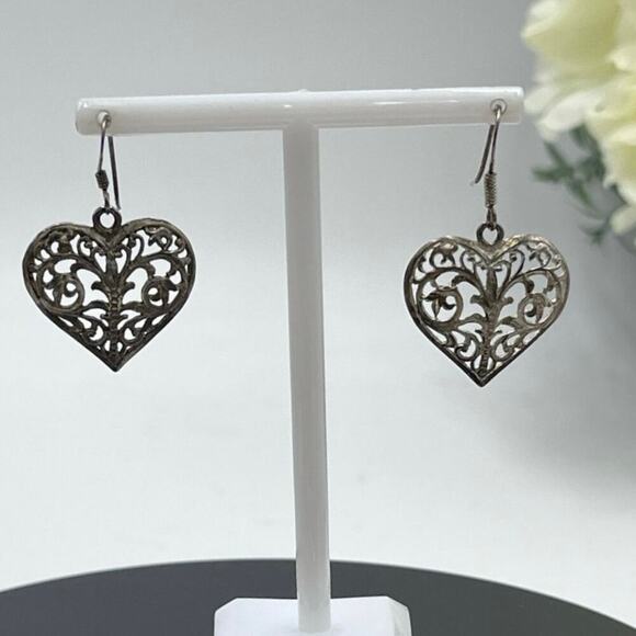 Vintage Signed Estate Hammered 925 Sterling Silver Filigree Heart Shaped Dangle - Picture 2 of 8